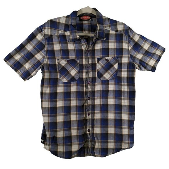 Mambo Australia Flannel Button Shirt Mens Large Plaid Short Sleeve Cotton - Picture 1 of 13